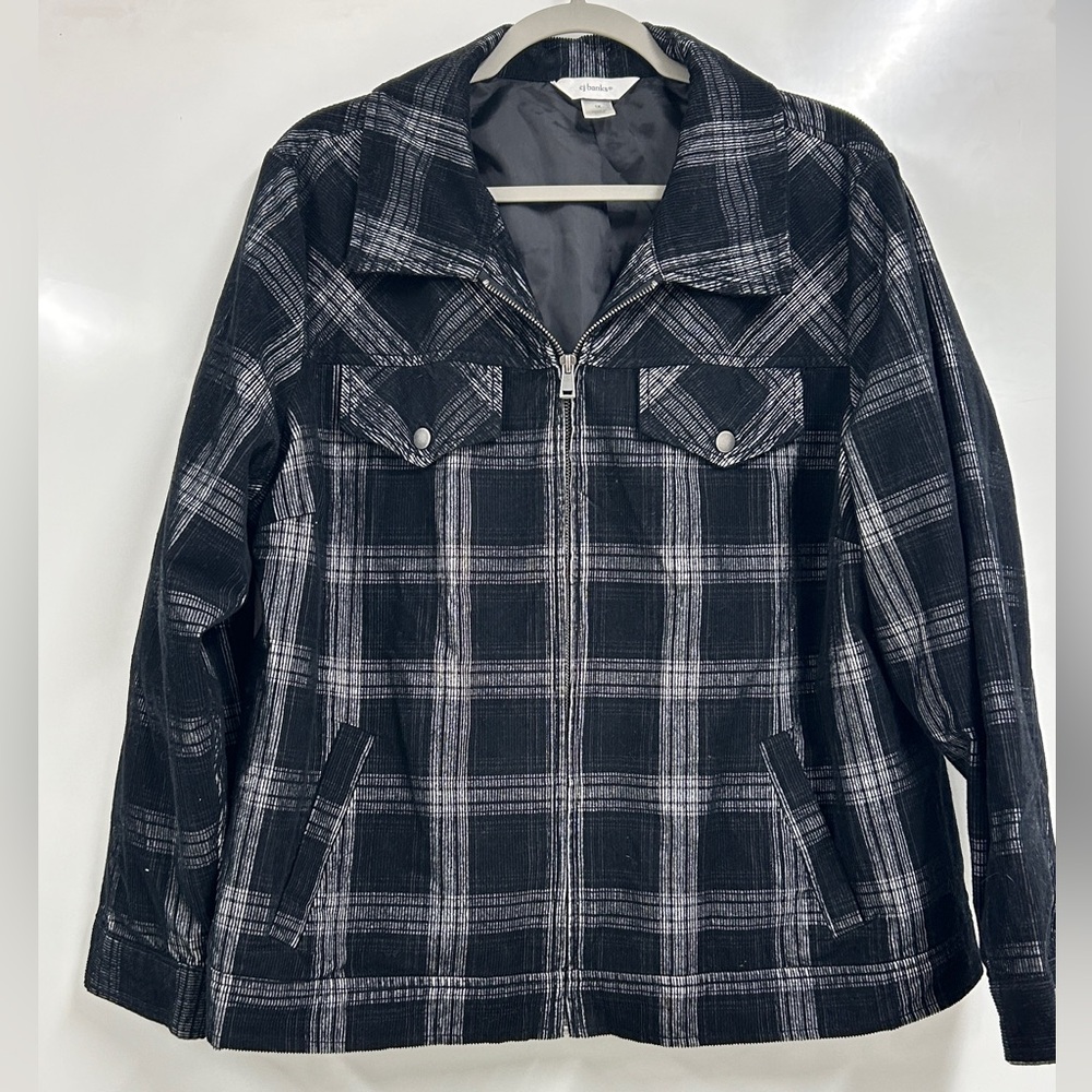 0364 CJ Banks 1X Black Gray‎ Plaid Zip Front Jacket Plus Size Casual Layering